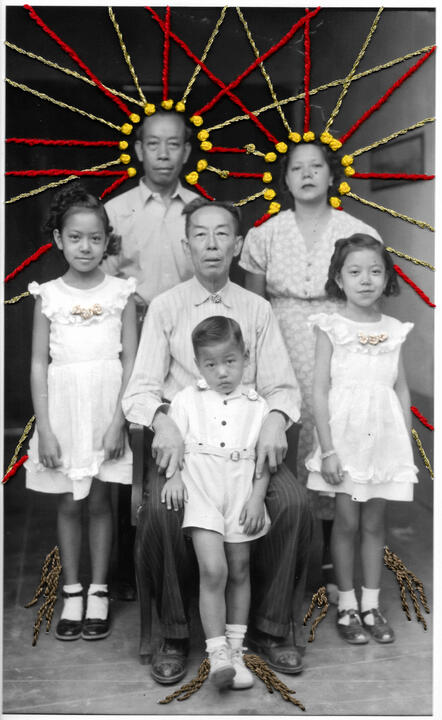 Familia Yee Wah (y tío José) — 2025 17 x 11.5 cm / 4.52 x 6.69 in. Giglée sobre papel algodón 300gsm intervenido con bordado (fotobordado).